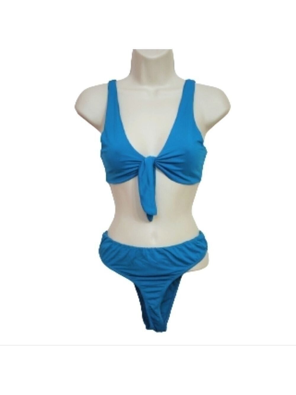Aqua Blue Bikini Swimsuit High Leg Front Tie Large